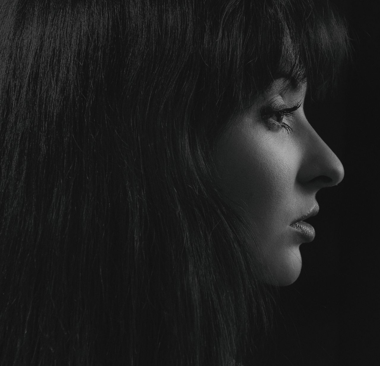 journey Stunning monochrome profile portrait of a woman in Kyiv, highlighting elegance and grace.
